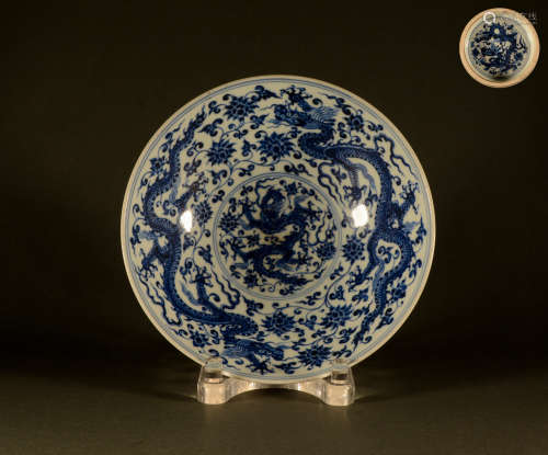 Qing Dynasty - Blue and white bamboo hat bowl with dragon pa...
