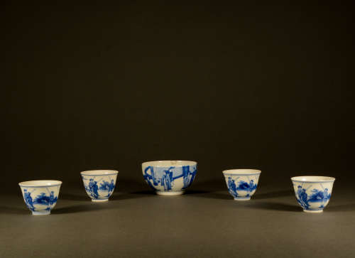Qing Dynasty - a set of blue and white character cups