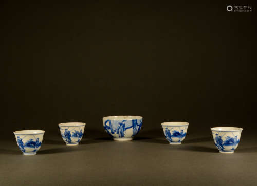 Qing Dynasty - a set of blue and white character cups