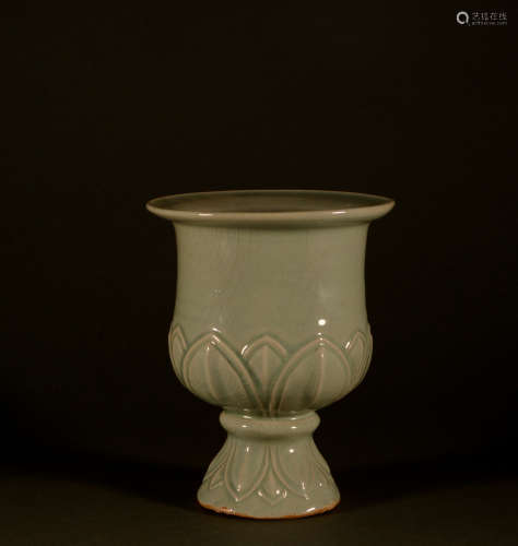 Song Dynasty - celadon lotus petal cup with high foot