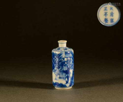 Qing Dynasty - snuff bottle with blue and white figures