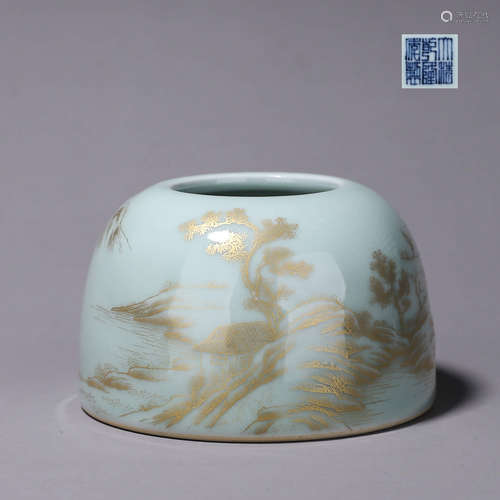 A gilt landscape blue glazed porcelain water pot