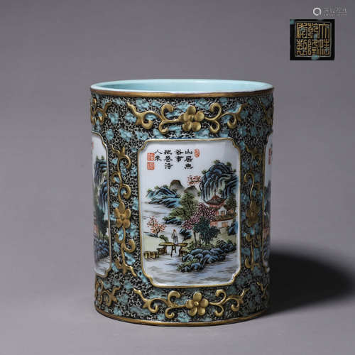 A famille rose landscape porcelain brush pot