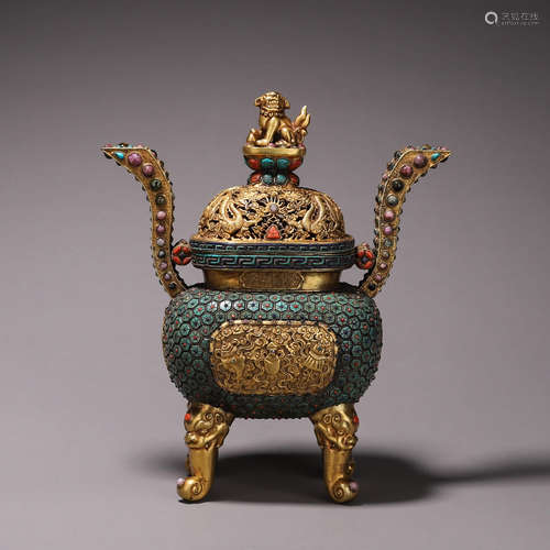 A gilding copper turquoise-inlaid suanni incense burner