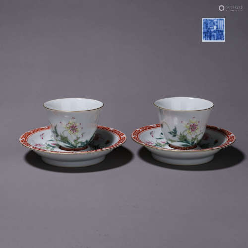 A pair of famille rose flower porcelain cups
