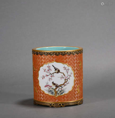 A enamel 'floral and birds' pen container