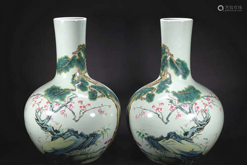 A pair of famille-rose 'floral' globular vase