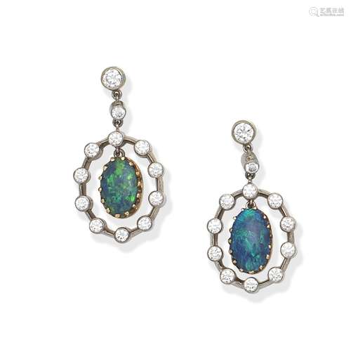 OPAL AND DIAMOND PENDENT EARRINGS