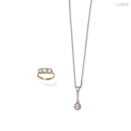 DIAMOND PENDANT NECKLACE AND THREE-STONE DIAMOND RING