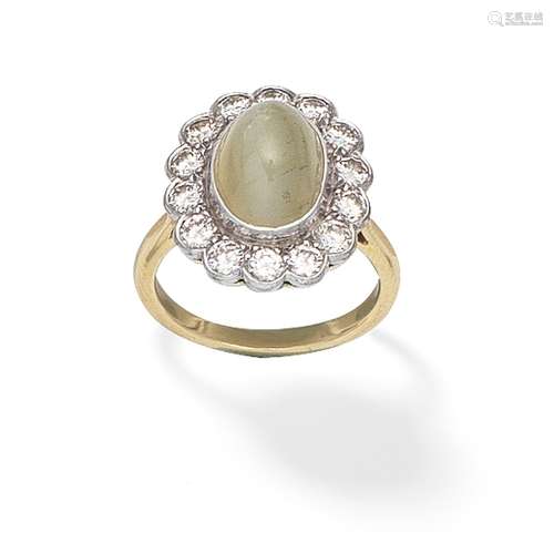 CAT'S EYE CHRYSOBERYL AND DIAMOND CLUSTER RING