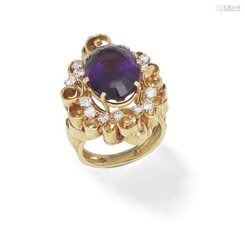 AMETHYST AND DIAMOND-SET RING,