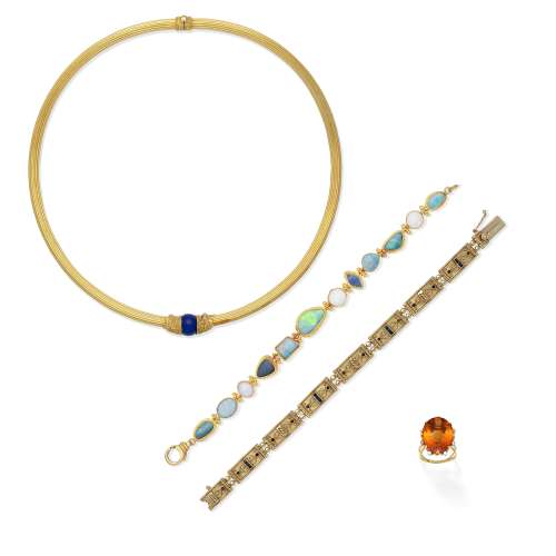 LAPIS LAZULI-SET TORQUE NECKLACE, TWO GEM-SET BRACELETS AND ...