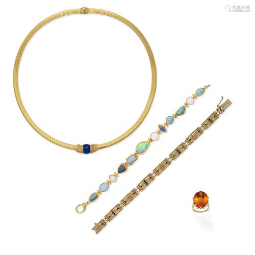 LAPIS LAZULI-SET TORQUE NECKLACE, TWO GEM-SET BRACELETS AND ...