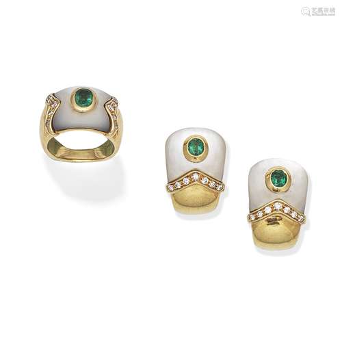 AVAKIAN: EMERALD, MOTHER-OF-PEARL AND DIAMOND EARRINGS AND R...