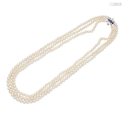 CULTURED PEARL NECKLACE WITH SAPPHIRE AND DIAMOND CLASP