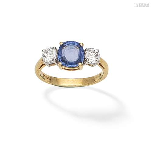 SAPPHIRE AND DIAMOND THREE-STONE RING,