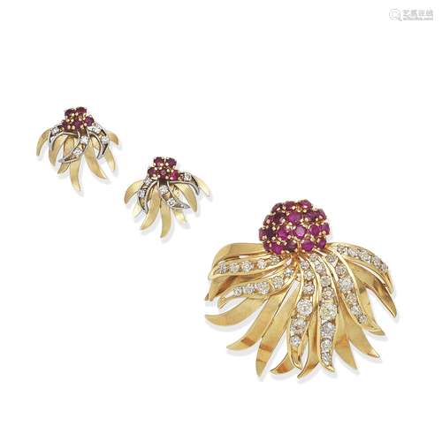 RUBY AND DIAMOND BROOCH AND EARRING SUITE (2)