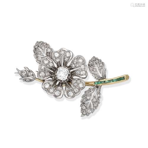 DIAMOND AND EMERALD-SET FLORAL BROOCH