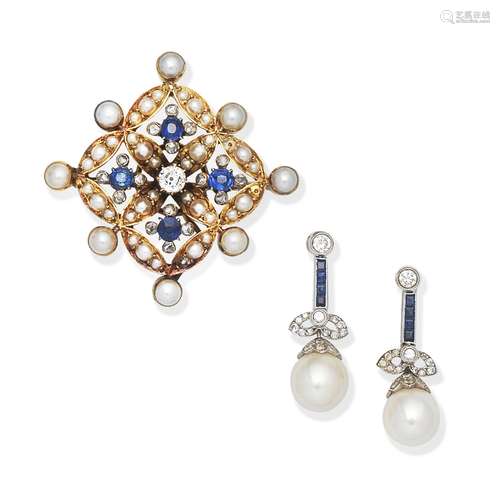 SAPPHIRE, PEARL AND DIAMOND-SET BROOCH/PENDANT AND CULTURED ...