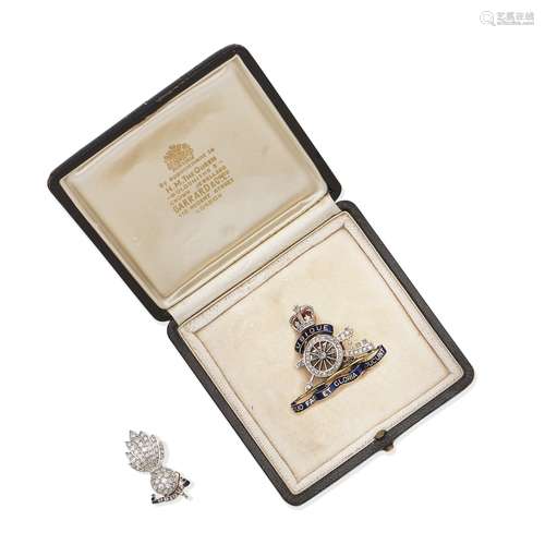 ENAMEL AND DIAMOND ROYAL ARTILLERY BROOCH AND DIAMOND-SET GR...