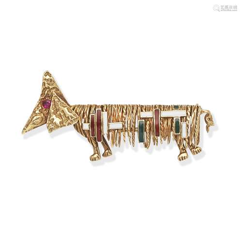 CARTIER: ENAMEL AND RUBY-SET DACHSHUND BROOCH,