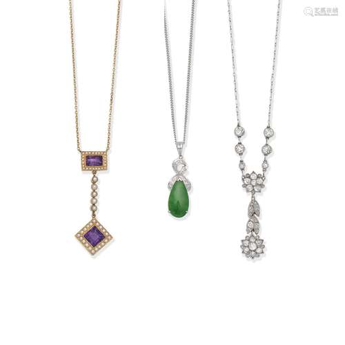 THREE GEM-SET AND DIAMOND NECKLACES (3)