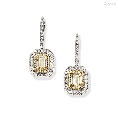 COLOURED DIAMOND AND DIAMOND PENDENT EARRINGS