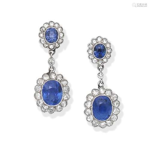 SAPPHIRE AND DIAMOND CLUSTER PENDENT EARRINGS