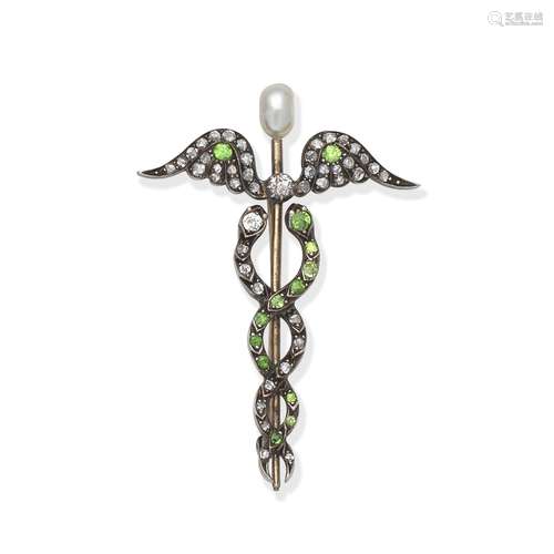 DEMANTOID GARNET, DIAMOND AND PEARL CADUCEUS BROOCH,