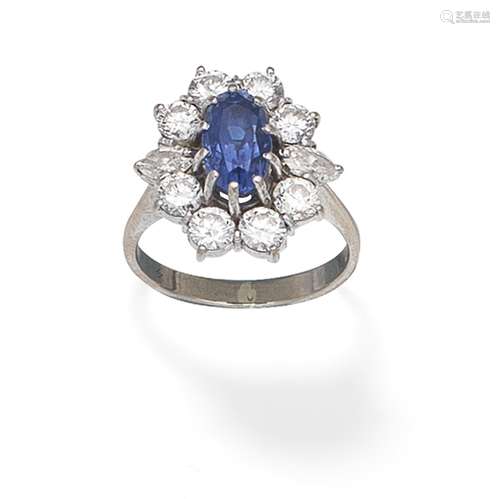 SAPPHIRE AND DIAMOND CLUSTER RING