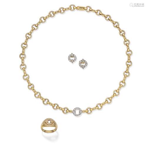 CARTIER: DIAMOND-SET NECKLACE, EARSTUD AND RING SUITE (3)