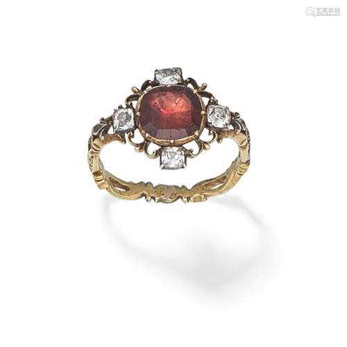 A GARNET, DIAMOND AND ENAMEL MOURNING RING,