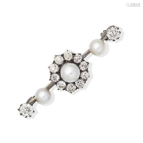 PEARL AND DIAMOND BAR BROOCH,