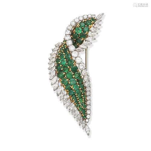 EMERALD AND DIAMOND LEAF BROOCH