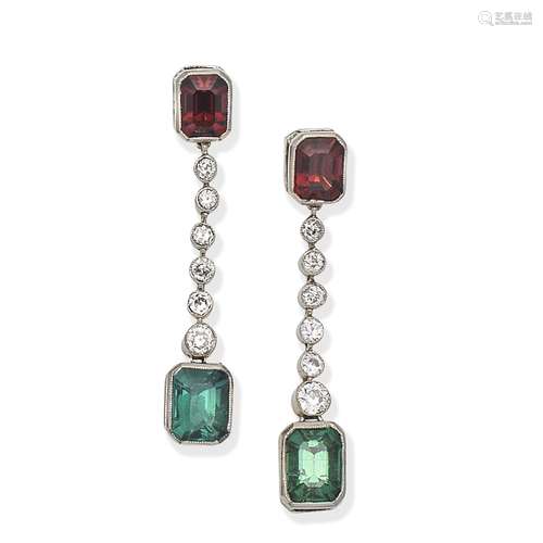 GARNET, TOURMALINE AND DIAMOND PENDENT EARRINGS