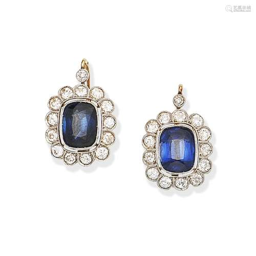 SYNTHETIC SAPPHIRE AND DIAMOND CLUSTER EARRINGS