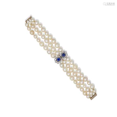 CULTURED PEARL, SAPPHIRE AND DIAMOND BRACELET