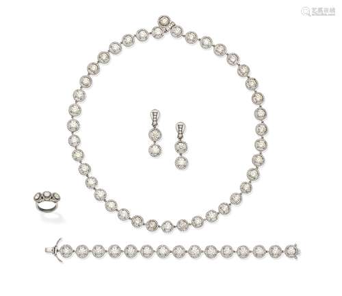 DIAMOND NECKLACE, BRACELET, EARRING AND RING SUITE (4)