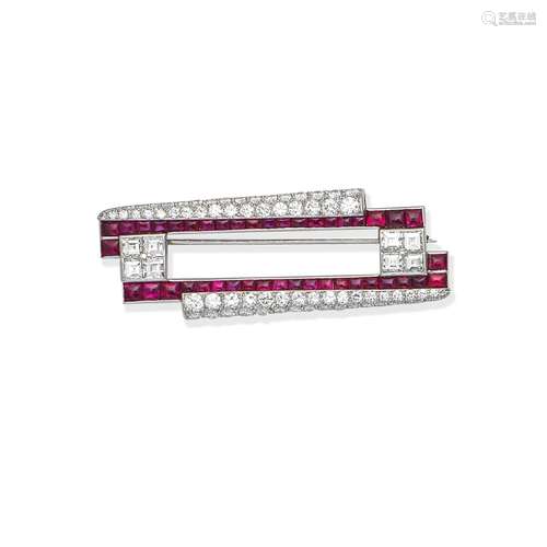 ART DECO RUBY AND DIAMOND BROOCH,