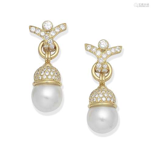 CULTURED PEARL AND DIAMOND PENDENT EARRINGS,