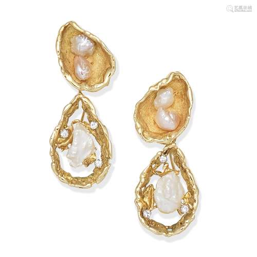 JOHN DONALD: CULTURED PEARL AND DIAMOND PENDENT EARRINGS,