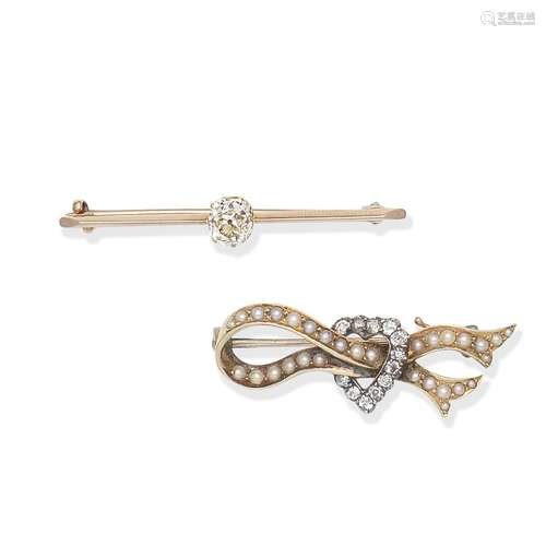 TWO DIAMOND-SET BAR BROOCHES, (2)