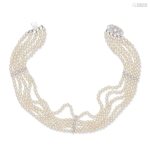 NATURAL PEARL CHOKER WITH DIAMOND-SET CLASP