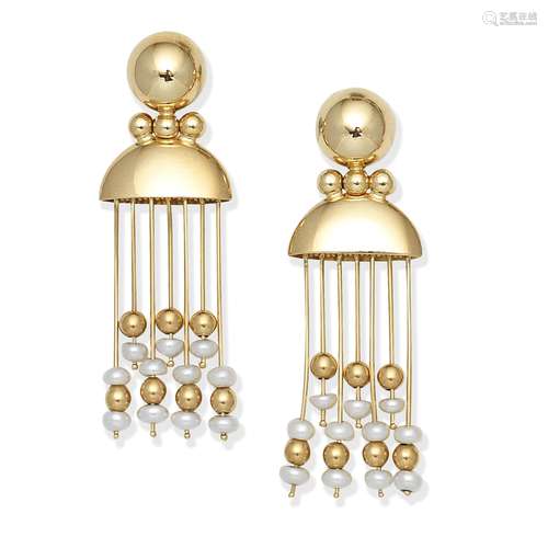 CULTURED PEARL-SET PENDENT EARRINGS