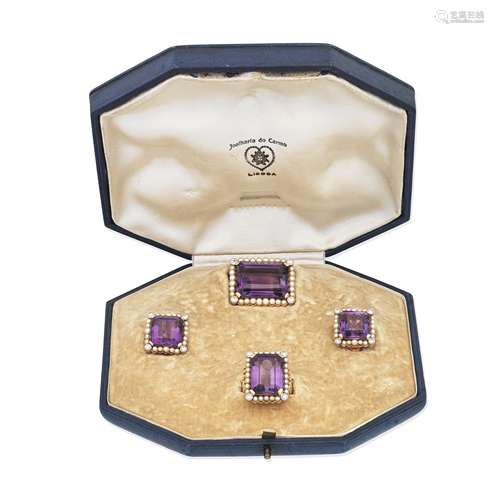 AMETHYST, DIAMOND AND SEED PEARL BROOCH, RING AND EARRING SU...