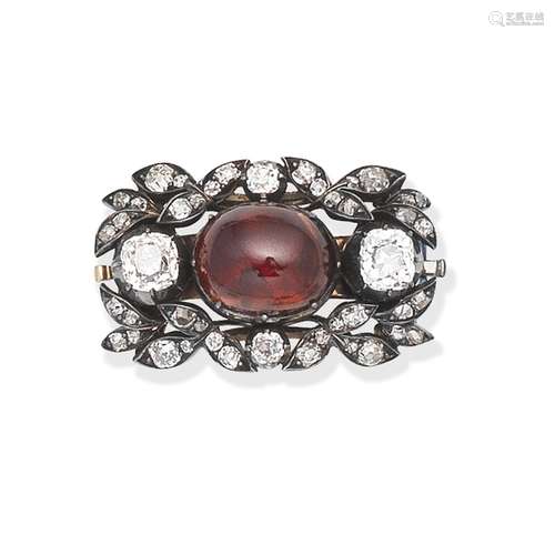 GARNET AND DIAMOND BROOCH,