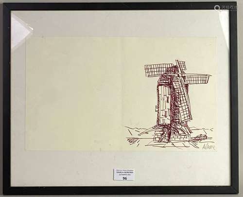 Valerio ADAMI (né en 1935). Le moulin à vent. Dessin au feut...