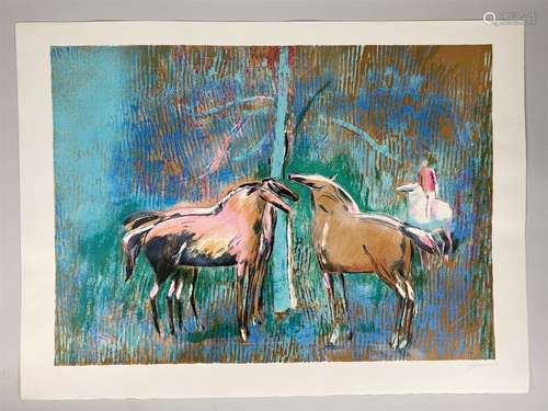 Paul GUIRAMAND (1926-2007). Chevaux et cavalier sous l'arbre...