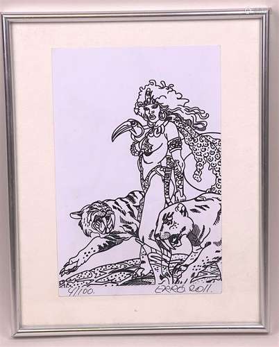 ERRÖ (né en 1932). Femme aux tigres. Lithographie noir et bl...