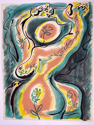 André MASSON (1896-1987). Nu aux fleurs. Lithographie en cou...